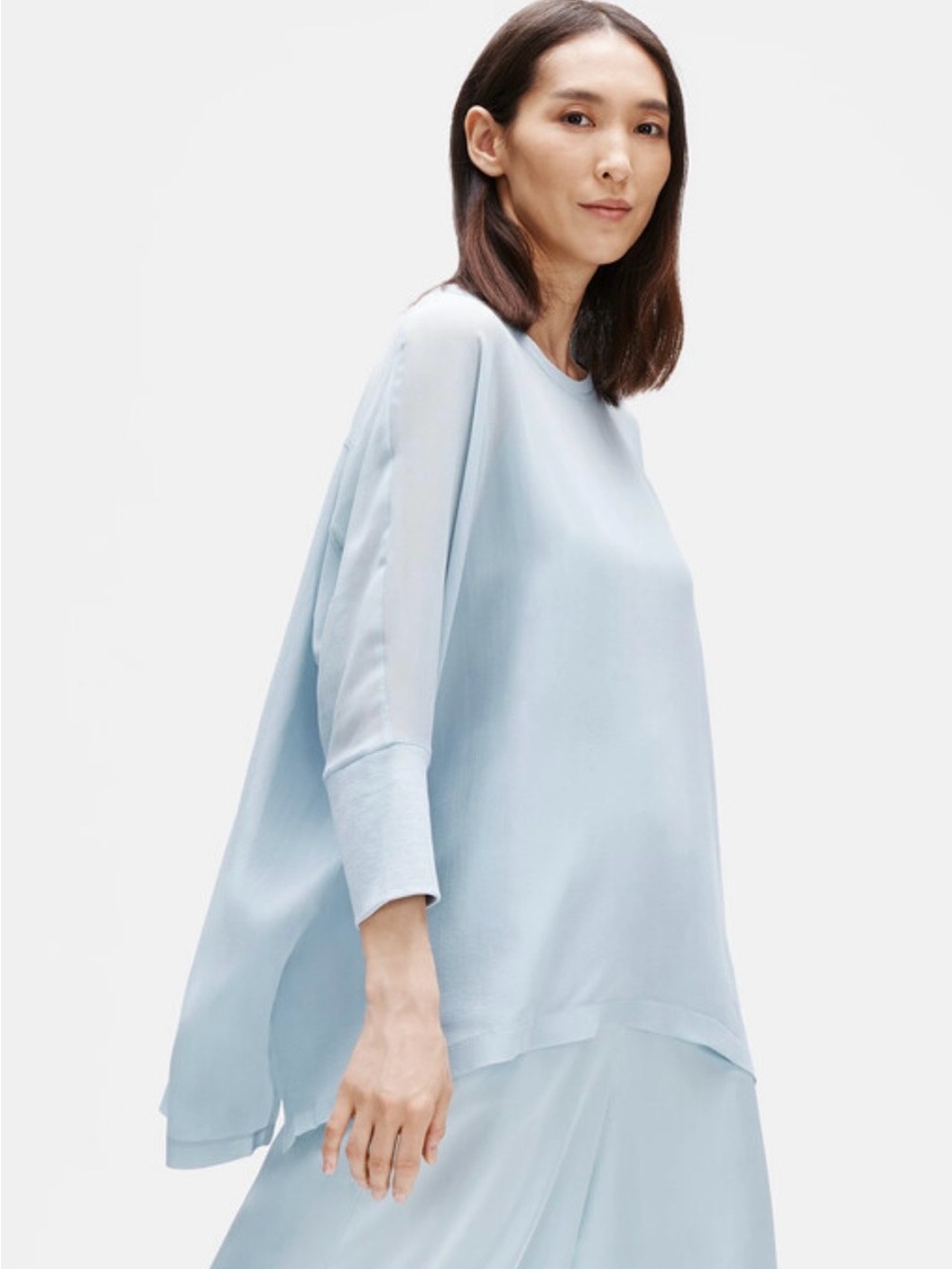 Eileen Fisher Sheer Silk Georgette Elbow-Sleeve Top Blue Lagenlook Minimalist L